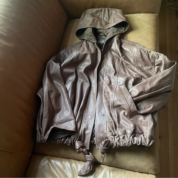 Bally vintage brown hooded leather jacket w ties made in Italy bomber sport - Picture 5 of 17
